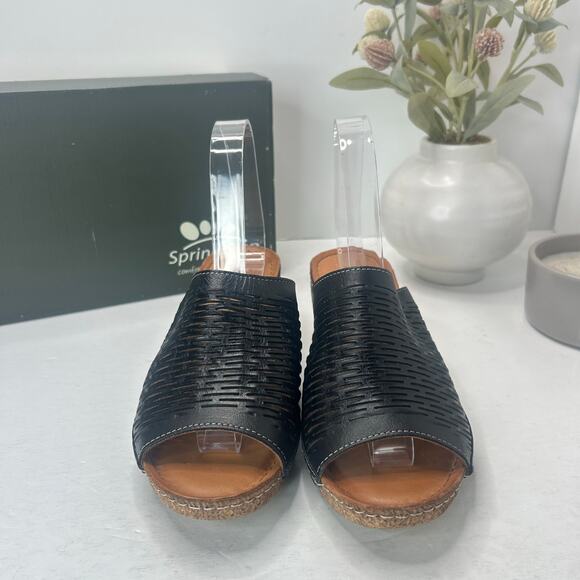 Spring Step Fusawedge Leather Slide Laser Cut Sandals Black Women's 9/EU40 NWB - Picture 2 of 11